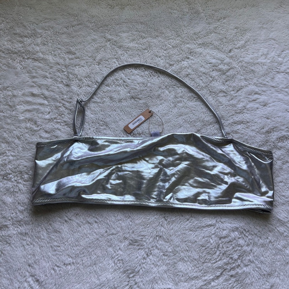 SKIMS Metallic Swim Bandeau Top Nickel Silver SW-BND-0025 3X NEW Futuristic Glam